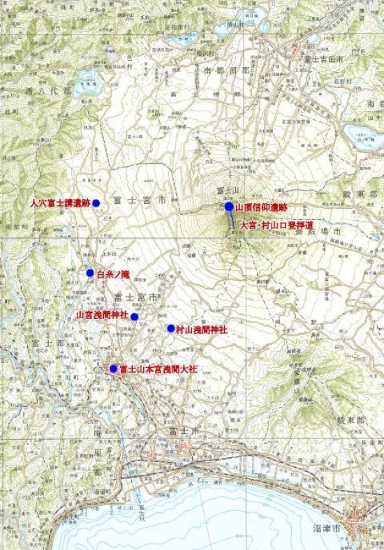世界遺産「富士山」の富士宮市内の構成資産分布図