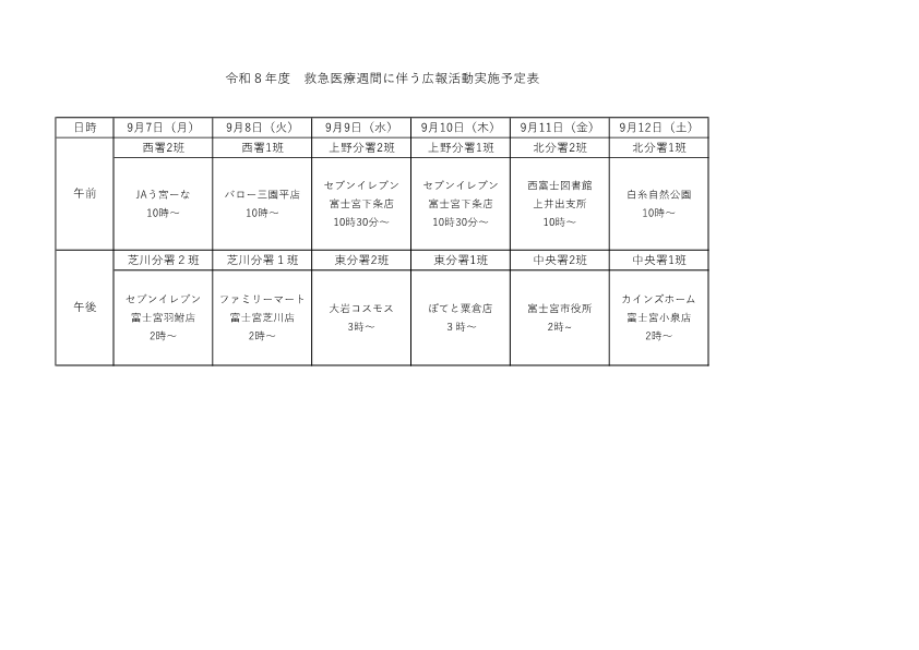 9月7日(月曜日)から9月12日(土曜日)までの期間での広報実施場所一覧
